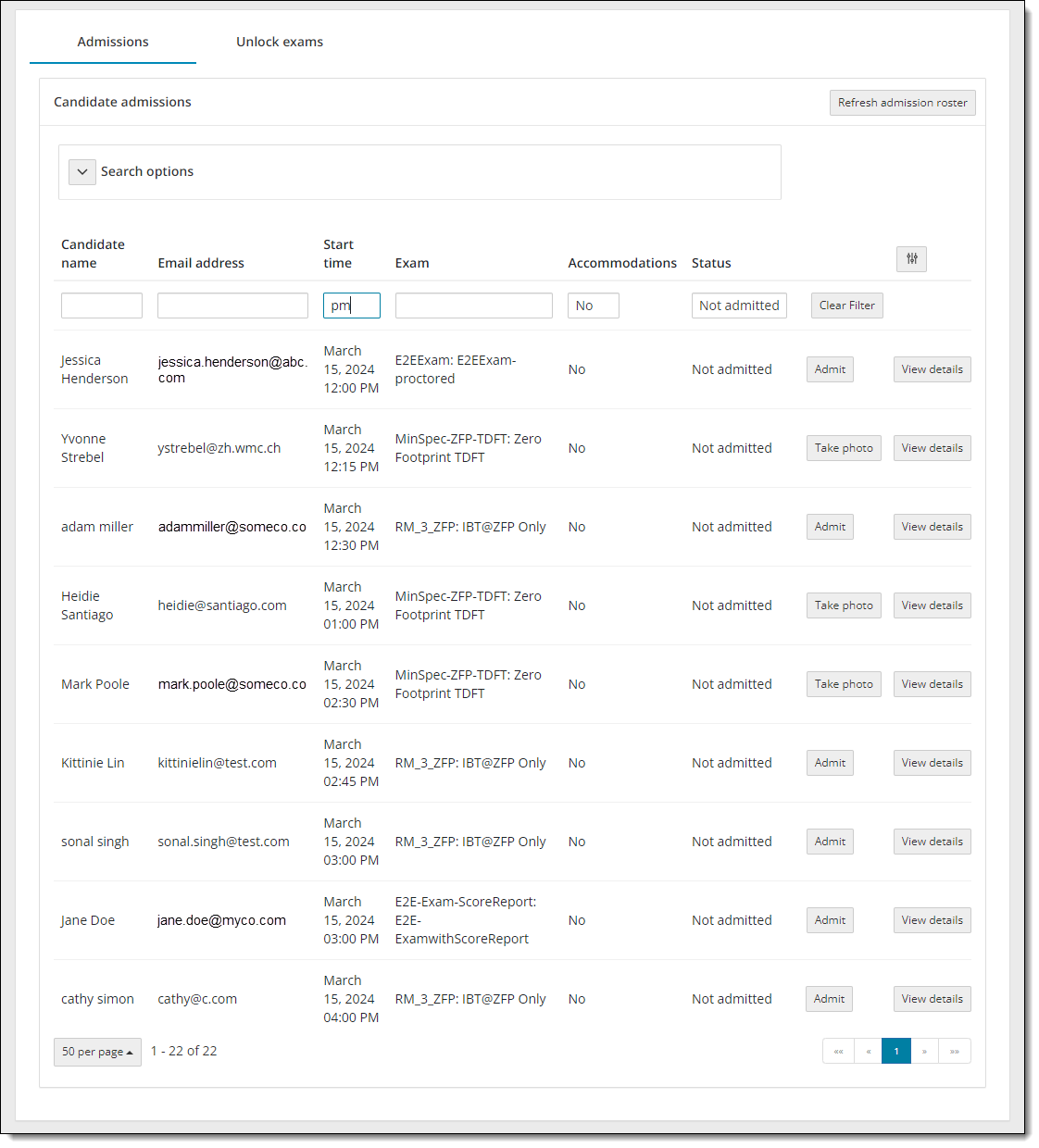 Admissions list filtered by the exam start time field.